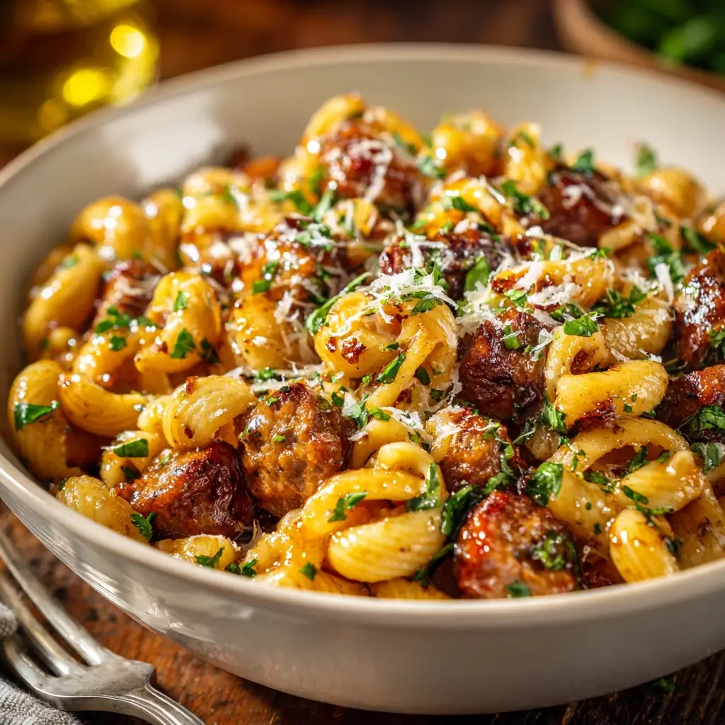 Sticky Honey Garlic Sausage Pasta Skillet