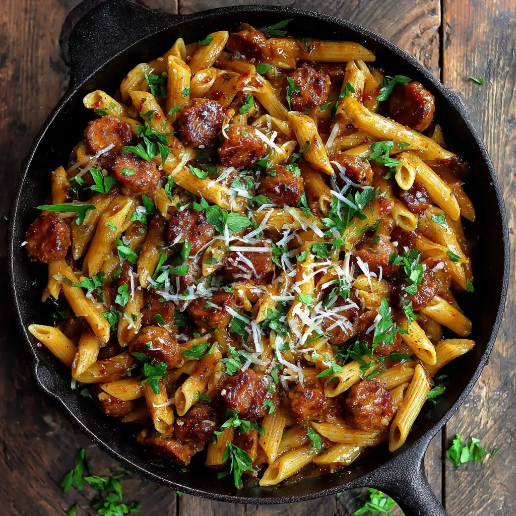 Sticky Honey Garlic Sausage Pasta Skillet