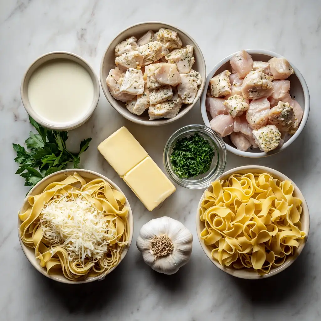 garlic butter chicken bites with creamy pasta