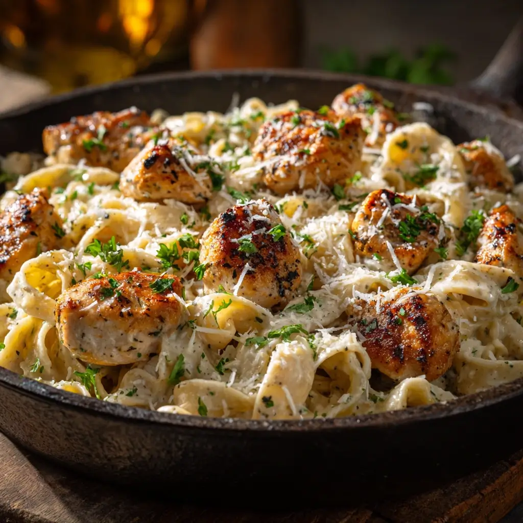 garlic butter chicken bites with creamy pasta