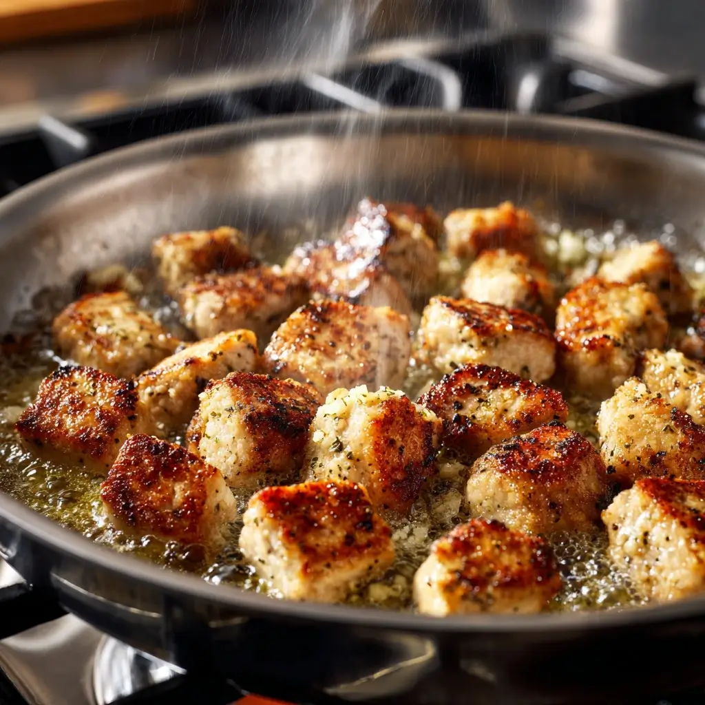 garlic butter chicken bites with creamy pasta