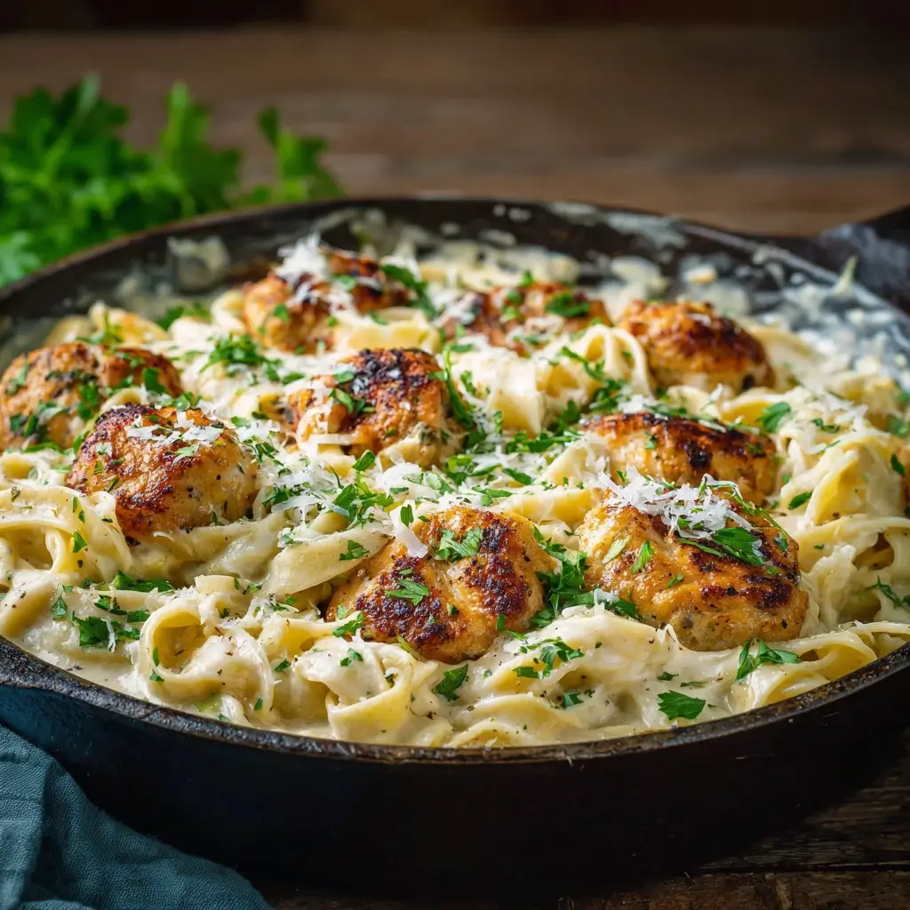 garlic butter chicken bites with creamy pasta