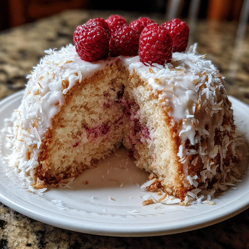 Raspberry Swirl Coconut Snowball Cake