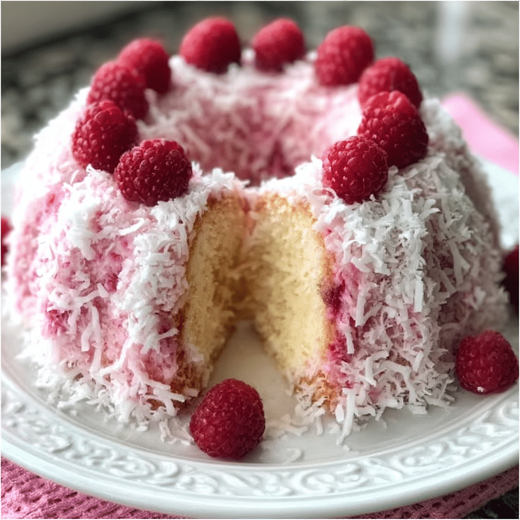 Raspberry Swirl Coconut Snowball Cake