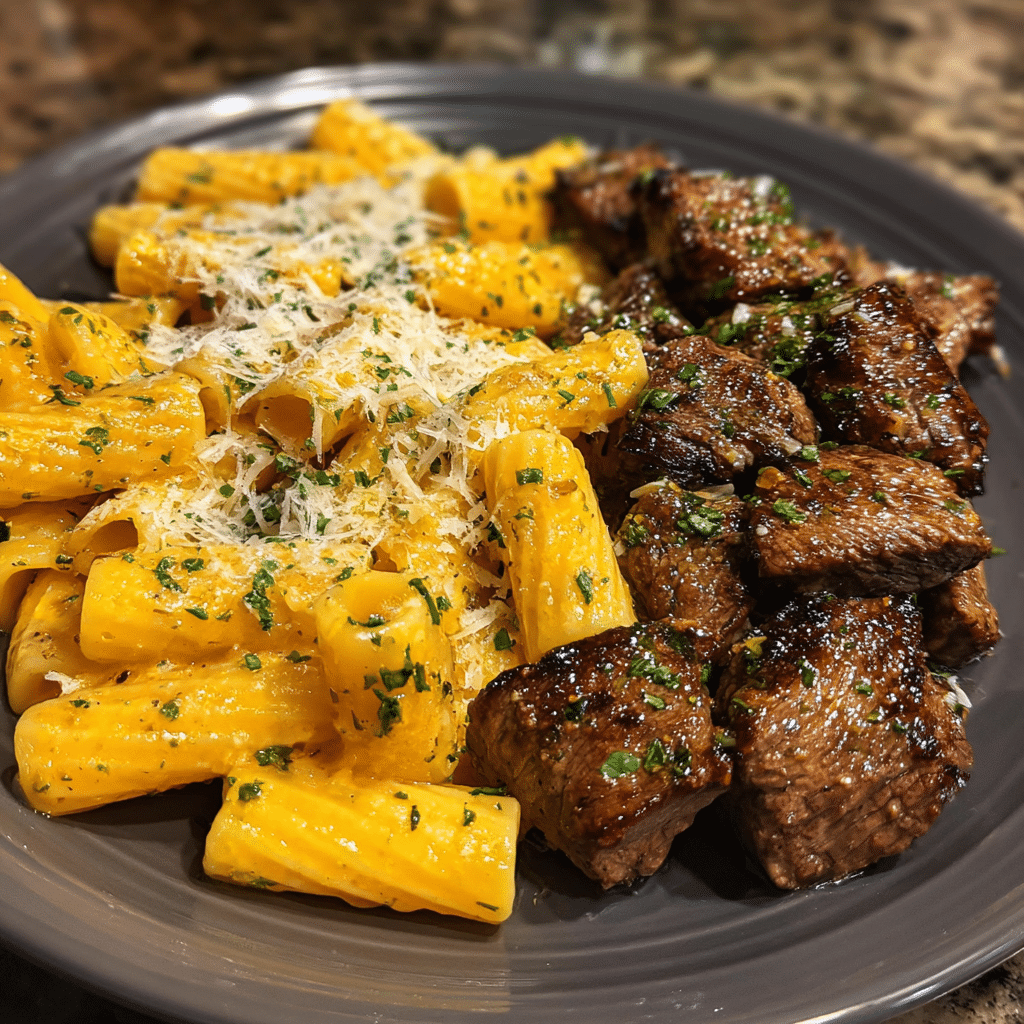 Garlic Butter Steak Tips with Cheesy Rigatoni