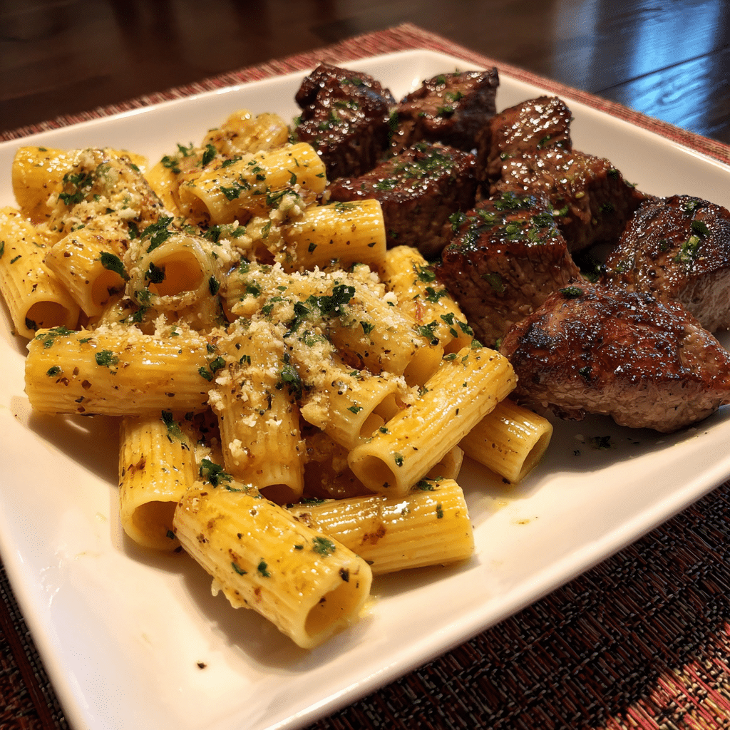 Garlic Butter Steak Tips with Cheesy Rigatoni