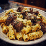 Garlic Butter Steak Tips with Cheesy Rigatoni