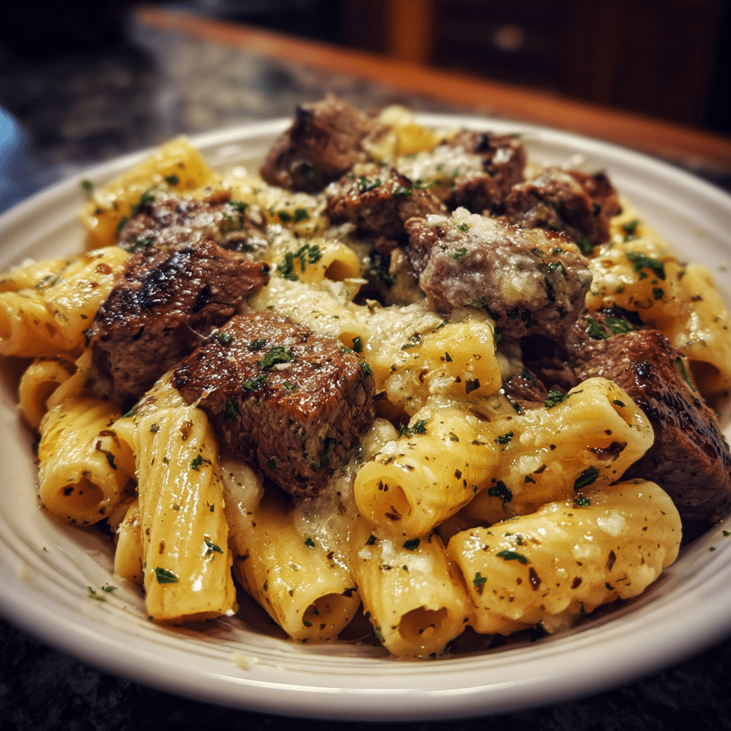 Garlic Butter Steak Tips with Cheesy Rigatoni