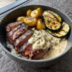 Grilled Steak Bowl with Creamy Sauce & Grilled Zucchini Recipe