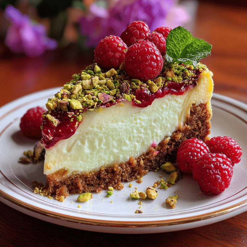 Elegant Pistachio Raspberry Crunch Cheesecake: A Decadent Delight!