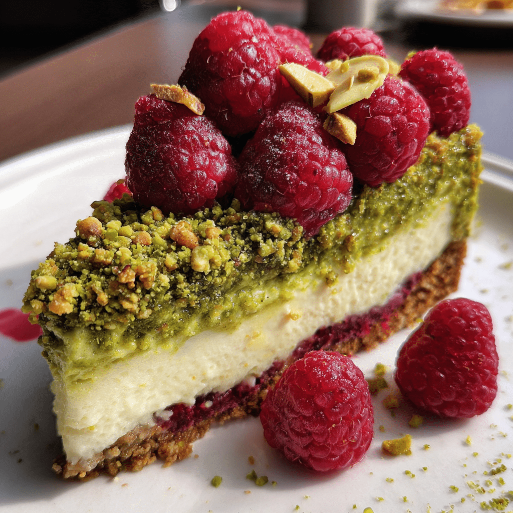 Elegant Pistachio Raspberry Crunch Cheesecake