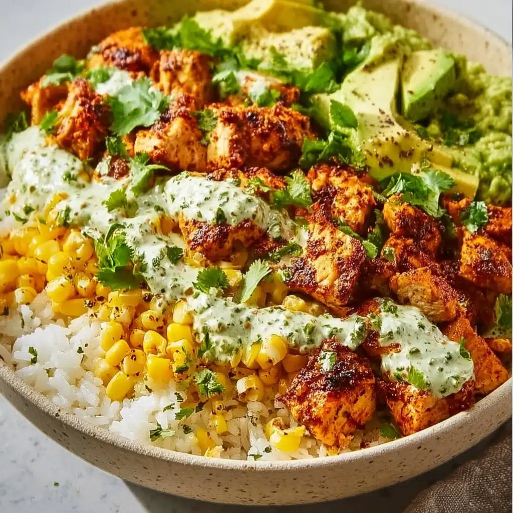 Delicious street corn chicken rice bowl topped with fresh ingredients and herbs.