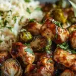 Air Fryer Sweet Chili Chicken served with roasted Brussels Sprouts