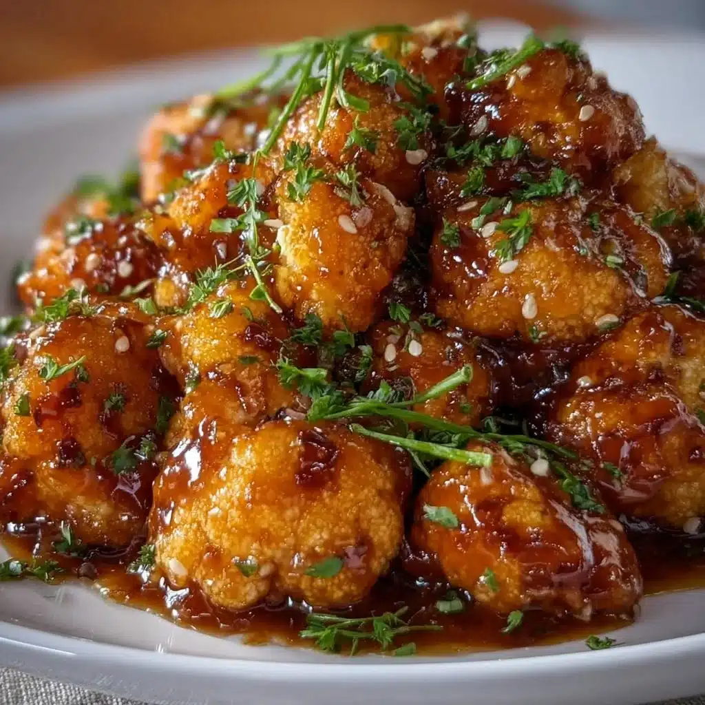 Plate of sticky honey garlic cauliflower with fresh herbs.