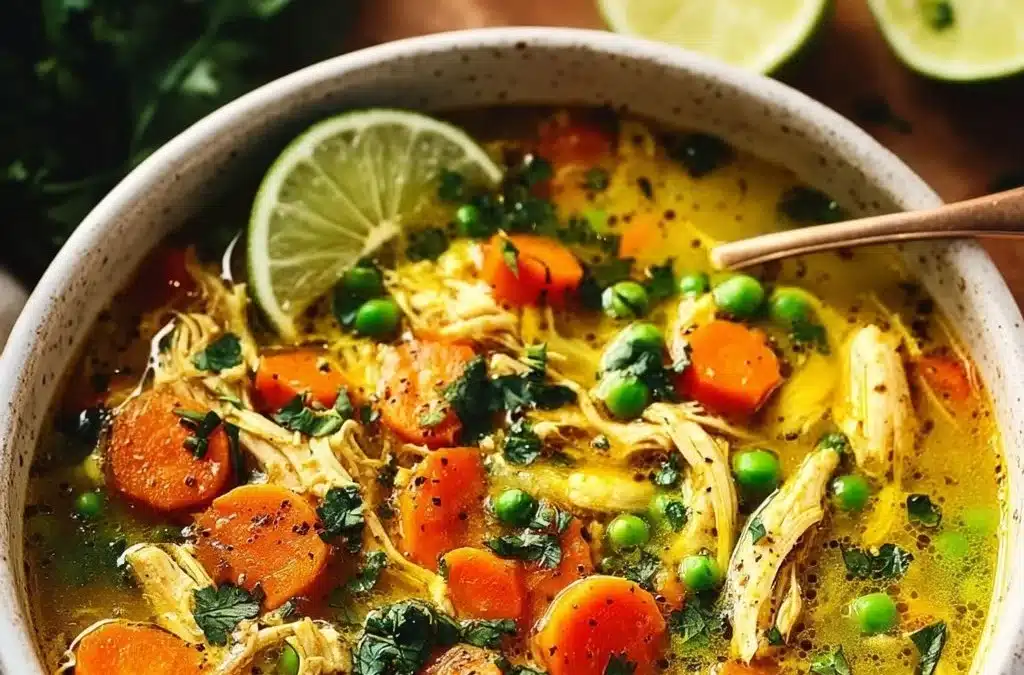 Bowl of anti-inflammatory turmeric chicken soup garnished with herbs