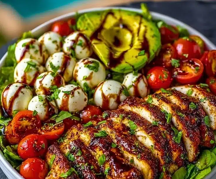 Baked marinated chicken salad with mozzarella and balsamic vinaigrette