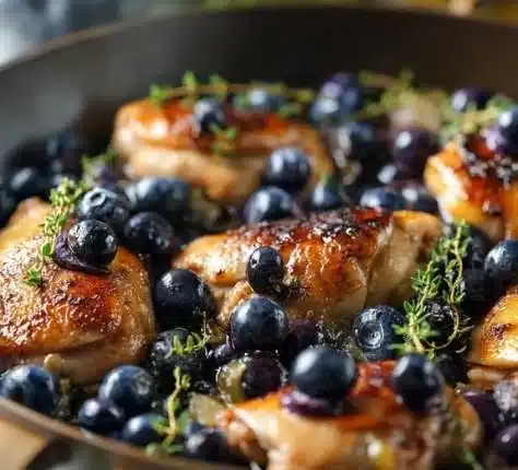 Juicy Blueberry Thyme Chicken served with fresh herbs and berries