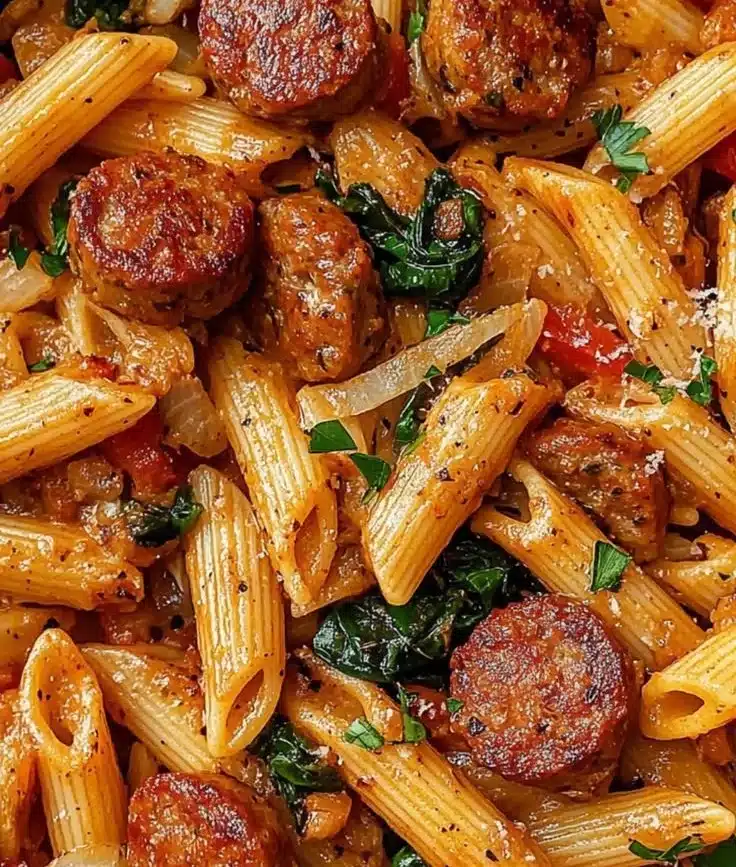 Delicious bowl of Cajun Sausage Pasta garnished with herbs