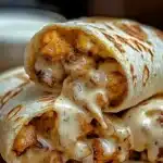 Delicious cheesy garlic chicken wraps served on a plate with fresh ingredients.