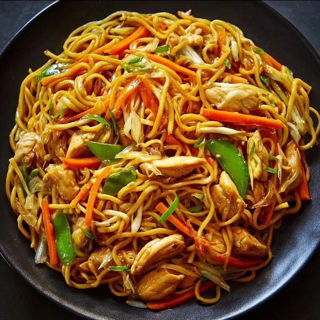 Delicious Chicken Lo Mein with vegetables and noodles in a takeout container