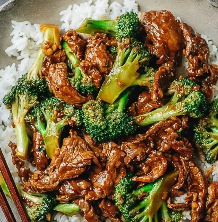Chinese Beef and Broccoli served with rice on a plate