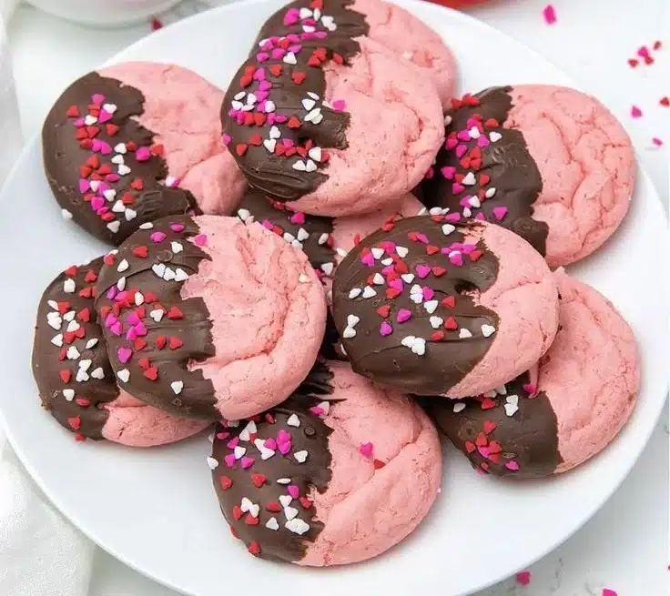 Chocolate covered strawberry cookies adorned with chocolate glaze and fresh strawberries