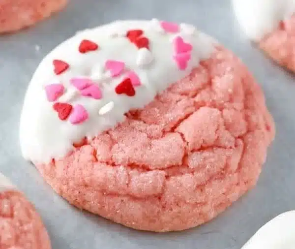 Delicious chocolate dipped strawberry cookies on a white plate