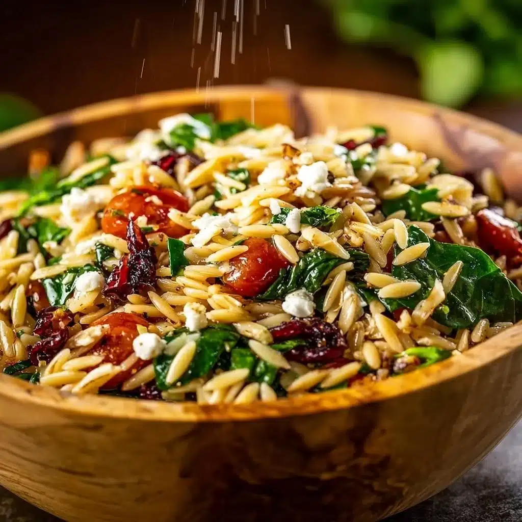 Delicious classic balsamic orzo salad with fresh vegetables and herbs
