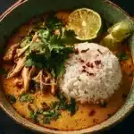 A bowl of Coconut Chicken Brothy Rice garnished with fresh herbs.