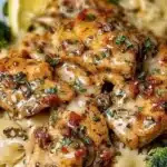 Cowboy Butter Lemon Bowtie Chicken served with broccoli in a vibrant dish