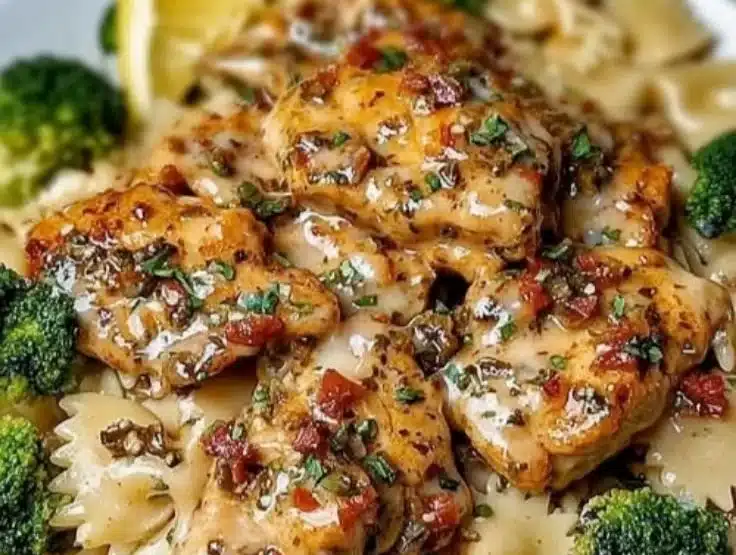 Cowboy Butter Lemon Bowtie Chicken served with broccoli in a vibrant dish