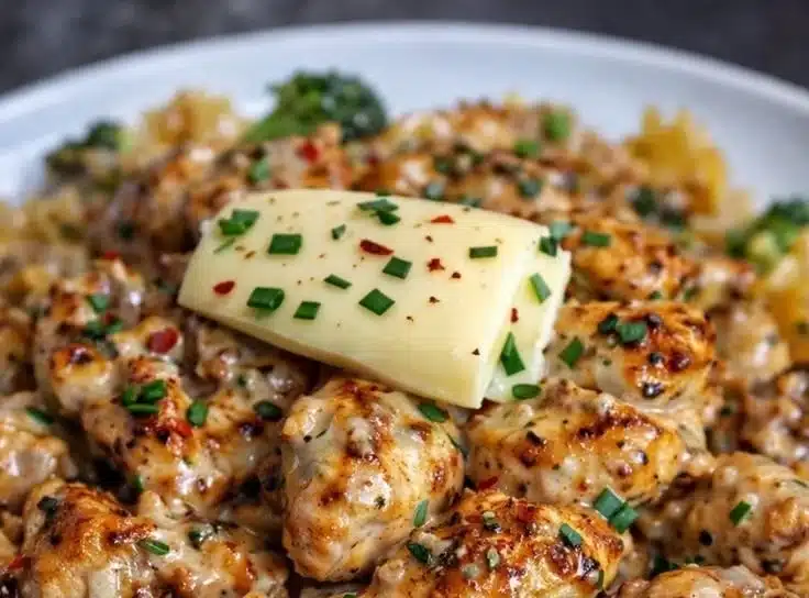 Delicious Cowboy Butter Lemon Bowtie Chicken with Broccoli served on a plate