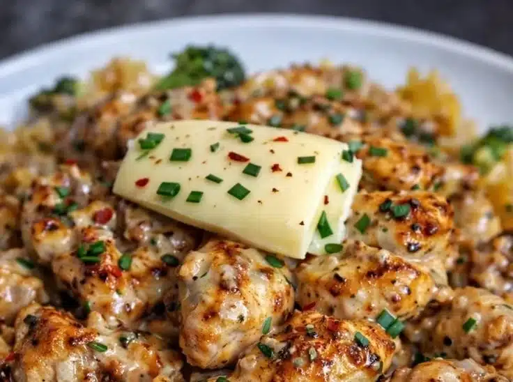 Cowboy butter lemon bowtie chicken dish served with broccoli