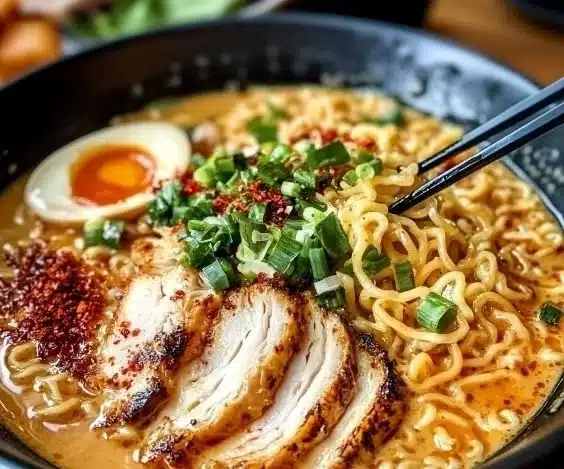 Creamy garlic chicken ramen dish garnished with green onions and spices