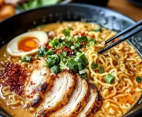 Bowl of creamy garlic chicken ramen with vegetables and noodles