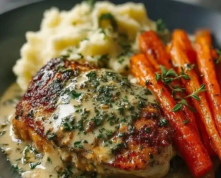 Creamy herb chicken served with mashed potatoes and honey glazed carrots