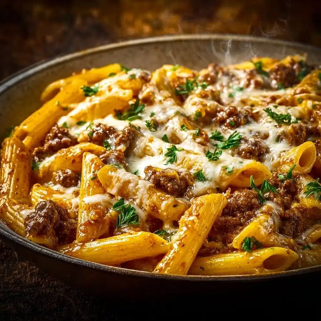 Creamy high protein beef pasta dish served in a bowl with herbs