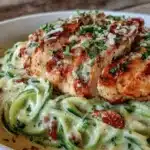 Creamy Keto Chicken Alfredo served with parmesan and herbs