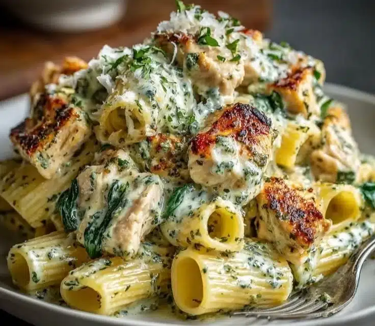 Creamy pesto chicken pasta served in a bowl with fresh basil