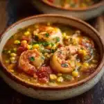 Creamy Seafood and Shrimp Chili served in a bowl with fresh ingredients.