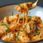 Creamy tomato garlic pasta dish served in a bowl with fresh herbs