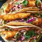 Crispy fish tacos served with cilantro lime slaw on a plate