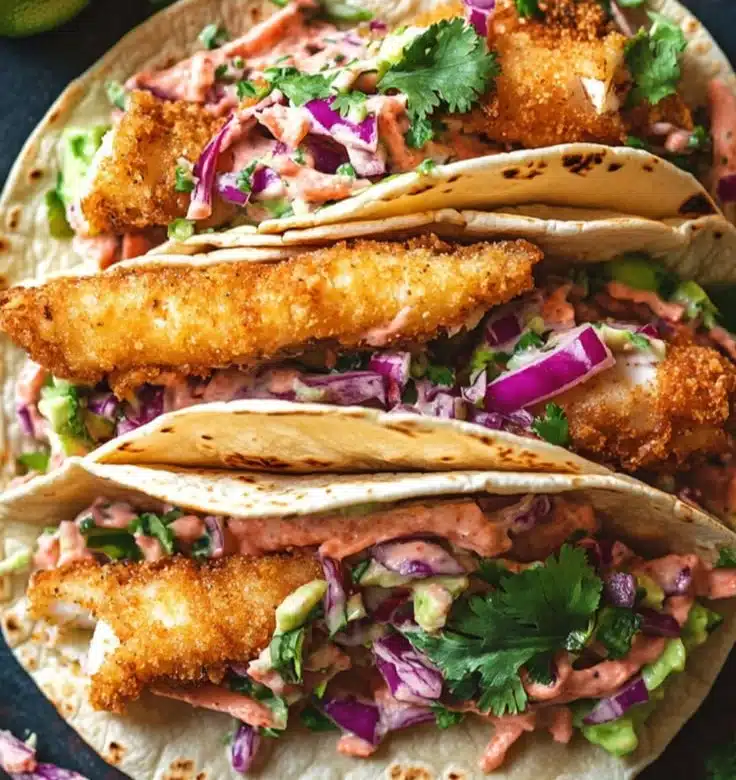 Crispy fish tacos served with cilantro lime slaw on a plate