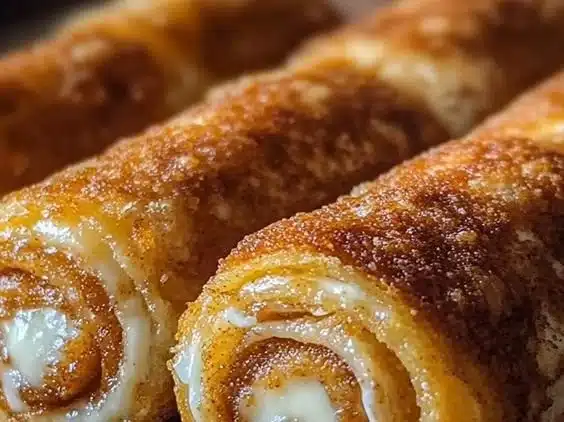 Crispy keto cinnamon cream cheese roll ups on a plate with a drizzle of icing.