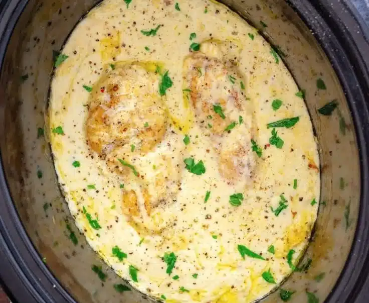 Delicious Crock Pot Angel Chicken served with creamy sauce and sides.
