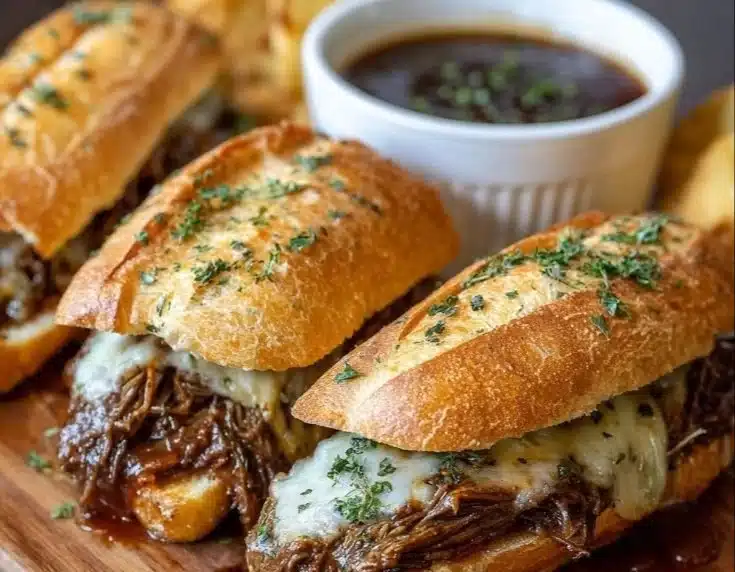 Delicious Crockpot French dip sandwiches with beef and savory broth