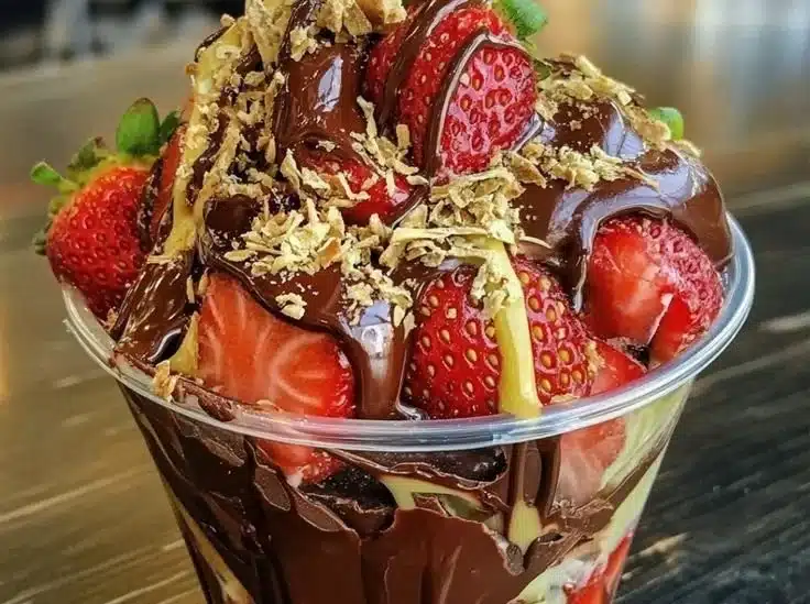 Delicious Dubai chocolate strawberry cup topped with fresh strawberries and chocolate drizzle.