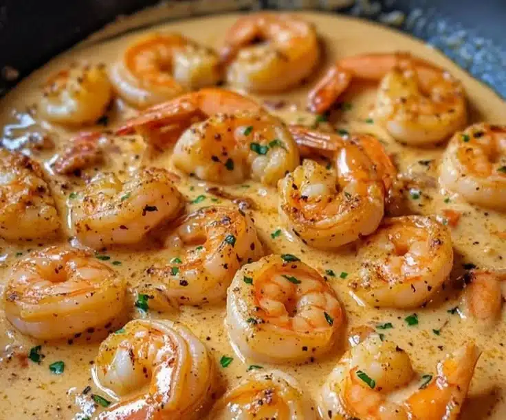 Plate of easy creamy garlic shrimp garnished with herbs