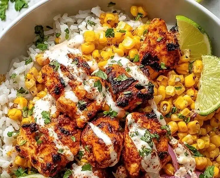 Easy street corn chicken bowl with vibrant toppings and delicious ingredients