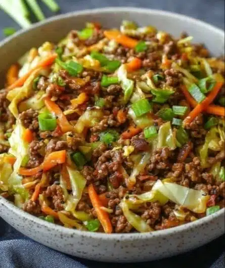 Delicious egg roll in a bowl with colorful vegetables and protein